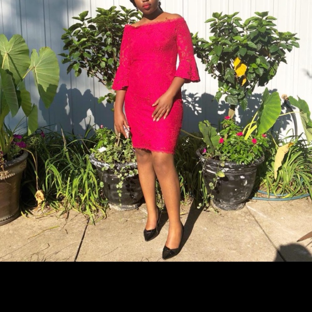 Calvin Klein’s off shoulder dress